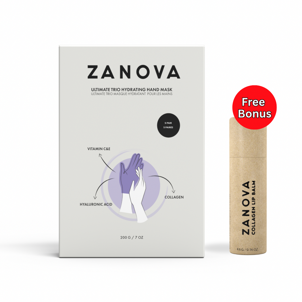 Zanova Collagen Hand Mask | Hyaluronic Acid, Vitamin C & E | For Skin Picking and Nail Biting Damage | 5 Pairs + Free Hydrated Balm