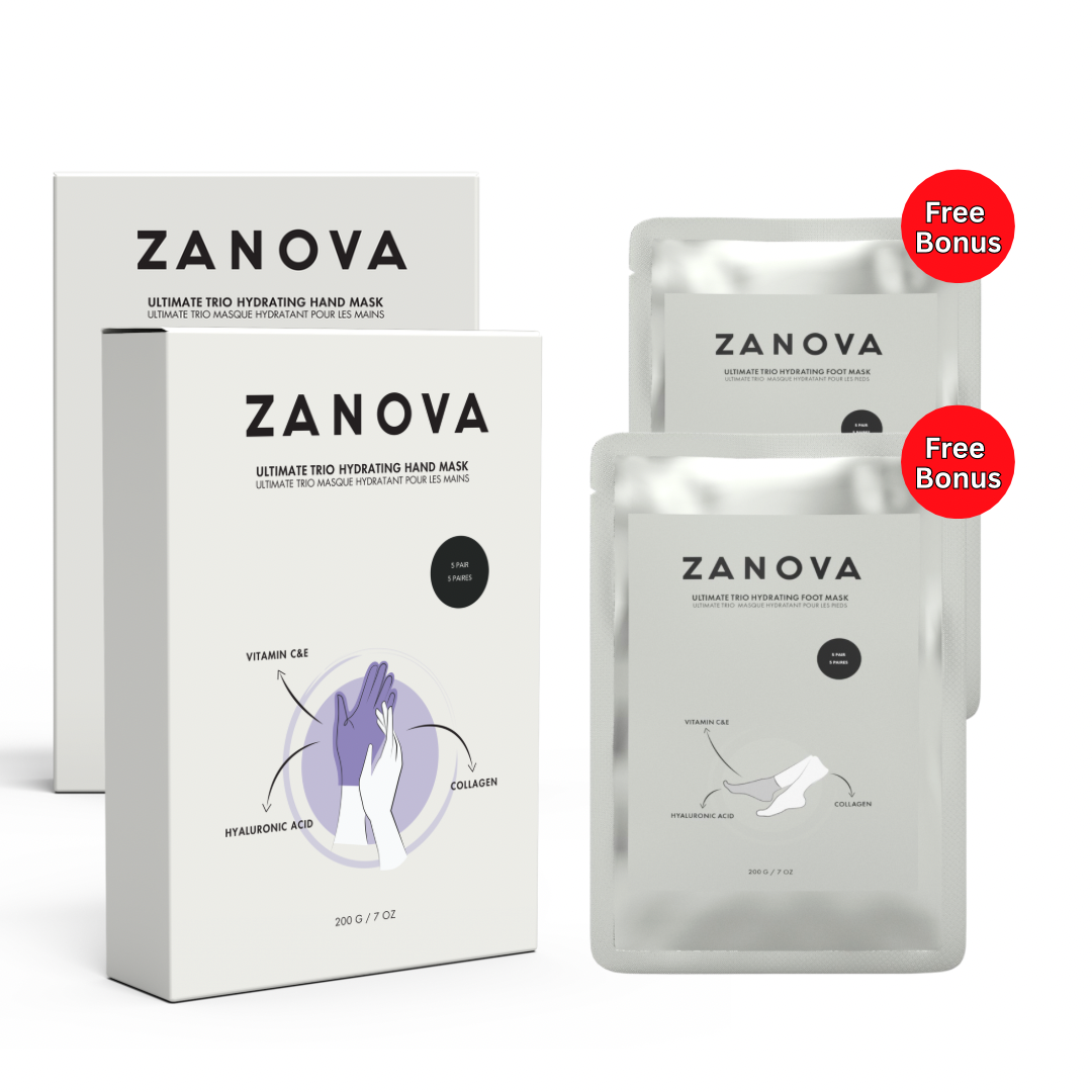 Zanova Collagen Treatment Hand Mask | Hyaluronic Acid, Vitamin C & E | For Skin Picking and Nail Biting Damage | 10 Pairs + Free Collagen Foot Mask | 10 Pairs