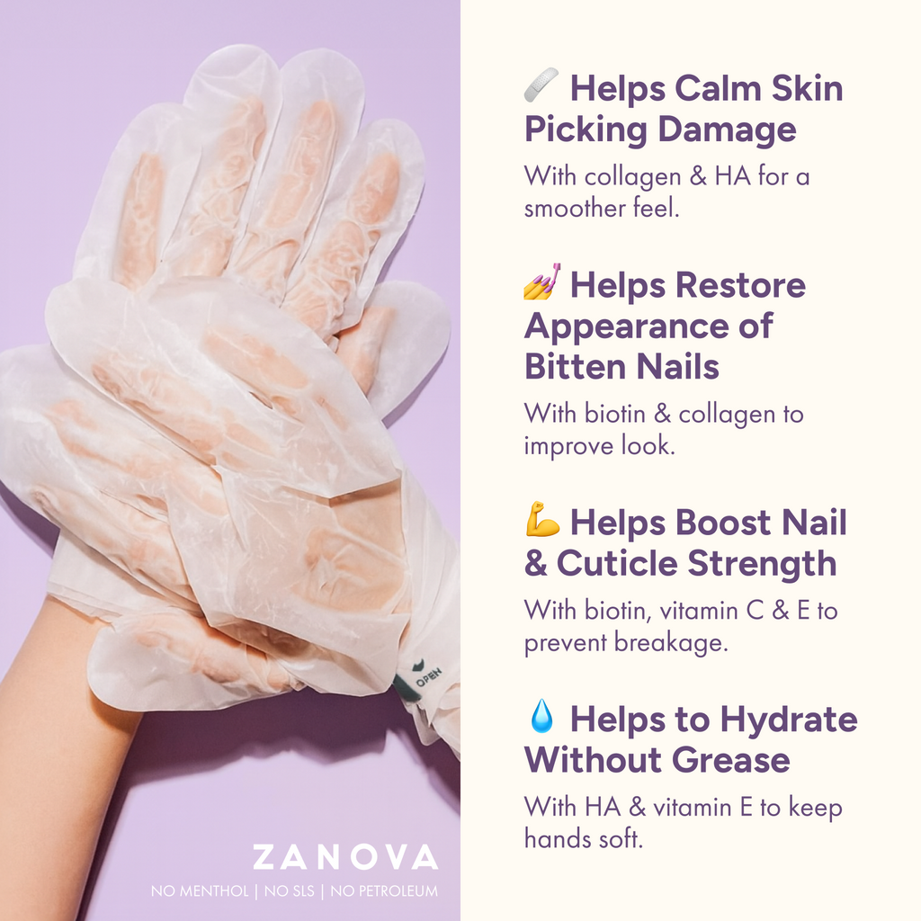 Zanova Collagen Treatment Hand Mask | Hyaluronic Acid, Vitamin C & E | For Skin Picking and Nail Biting Damage | 5 Pairs