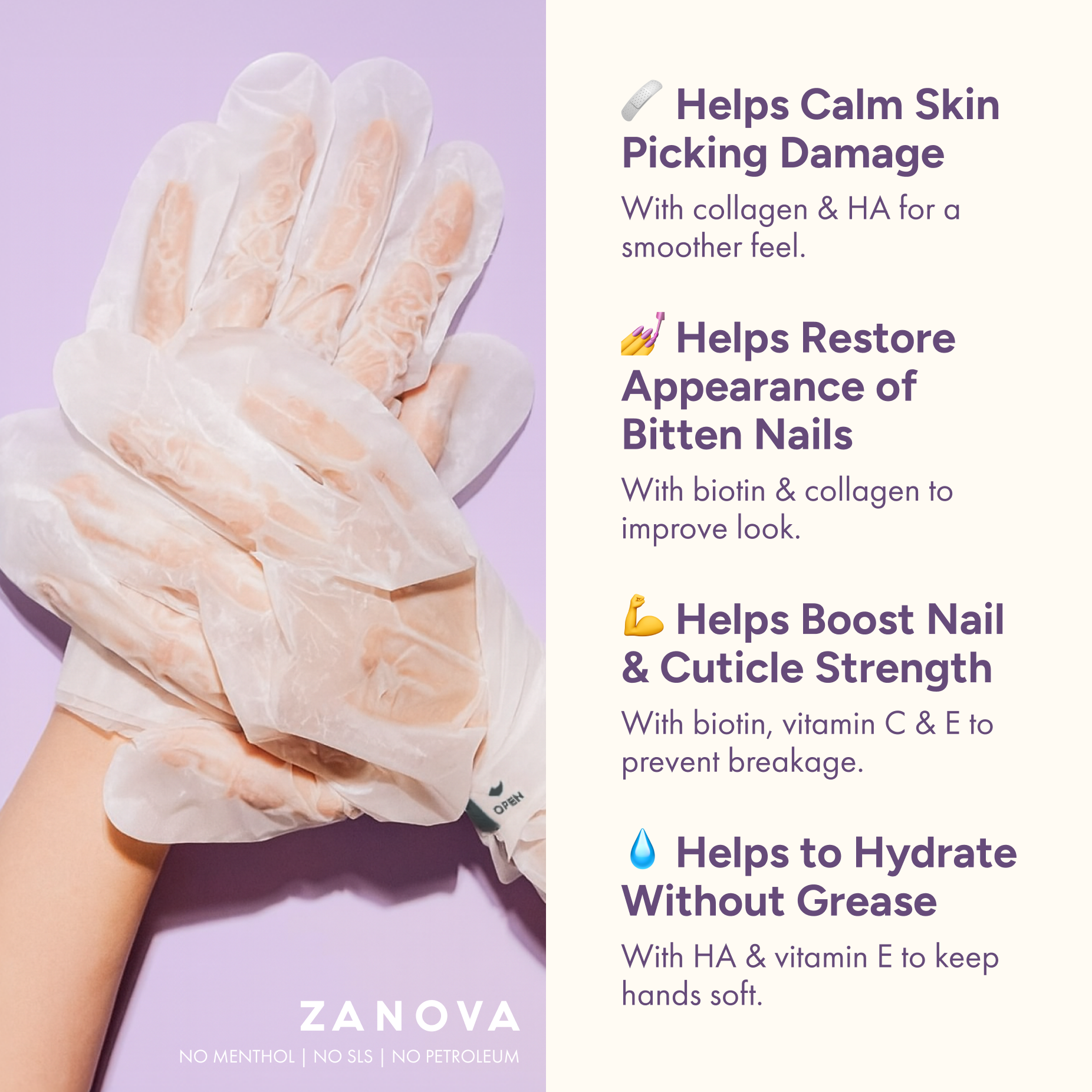 Zanova Collagen Hand Mask | Hyaluronic Acid, Vitamin C & E | For Skin Picking and Nail Biting Damage | 5 Pairs