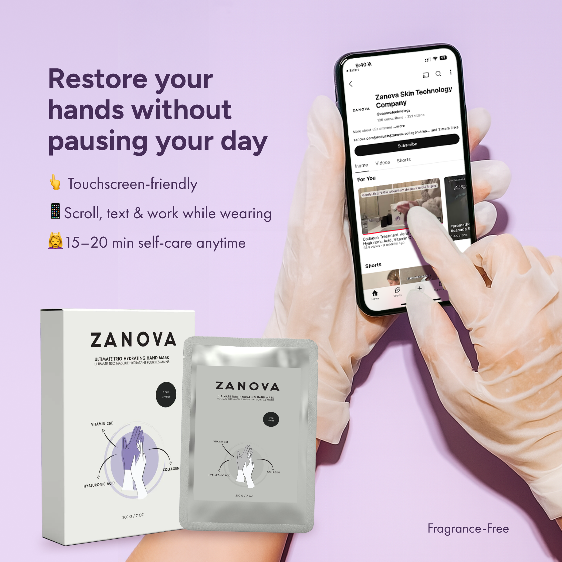 Zanova Collagen Treatment Hand Mask | Hyaluronic Acid, Vitamin C & E | For Skin Picking and Nail Biting Damage | 5 Pairs