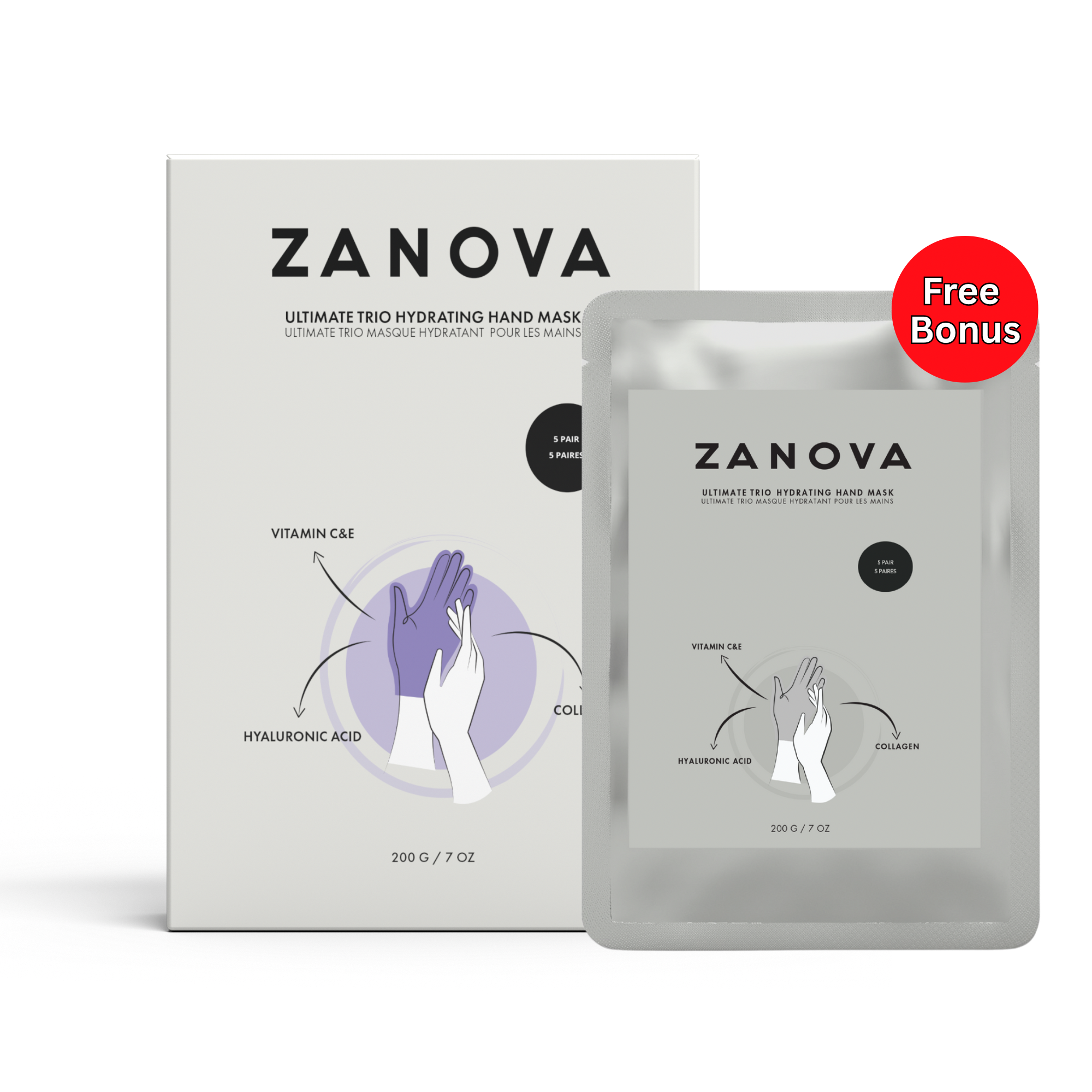 Zanova Collagen Treatment Hand Mask | Hyaluronic Acid, Vitamin C & E | For Skin Picking and Nail Biting Damage | 5 Pairs